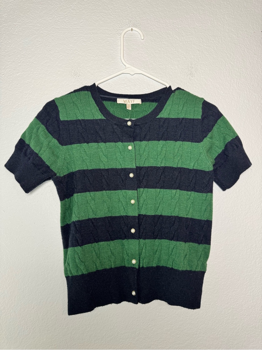 Wayf Navy and Green Striped Short Sleeve Cardigan